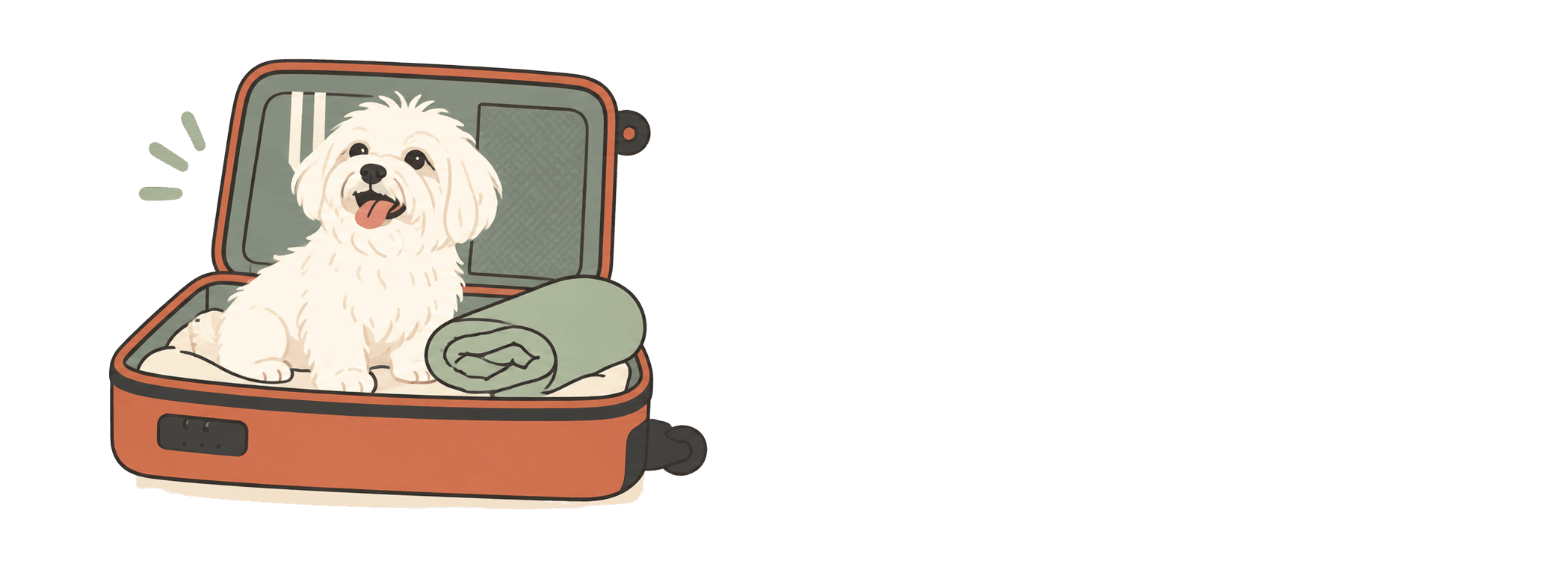 Un'illustrazione di un cagnolino pronto a viaggiare in una valigia