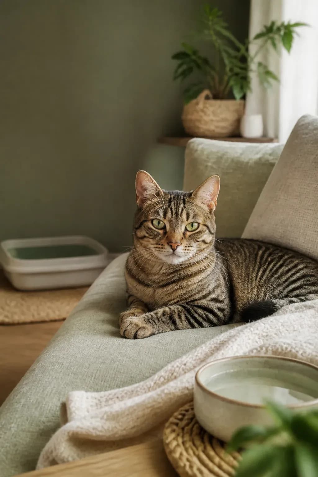 Un gatto rilassato sul divano