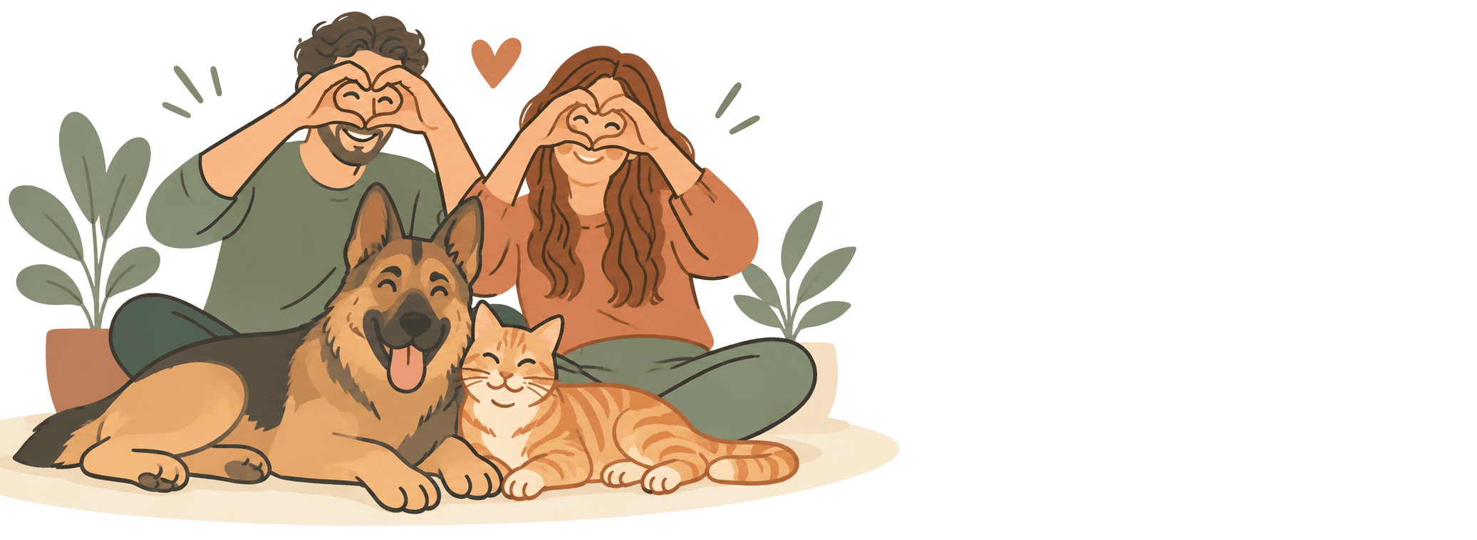 Un'illustrazione di due persone, un cane e un gatto insieme