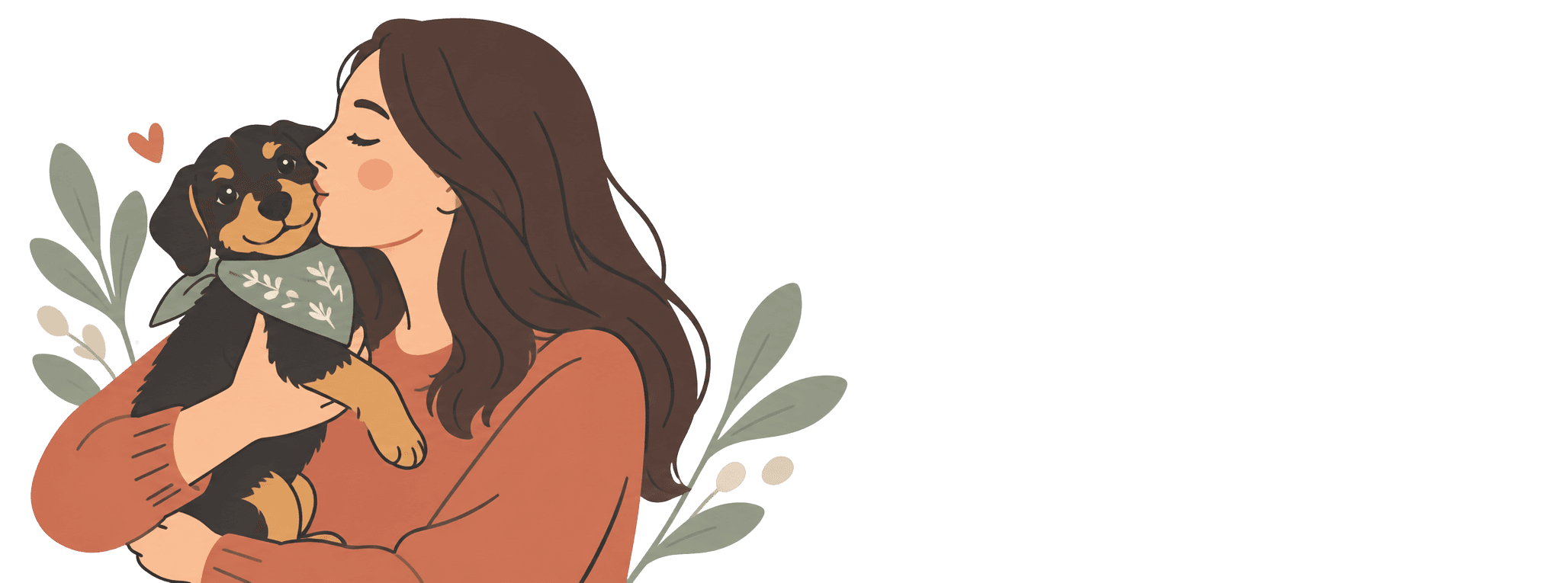 Un'illustrazione di una donna che abbraccia affettuosamente un cagnolino