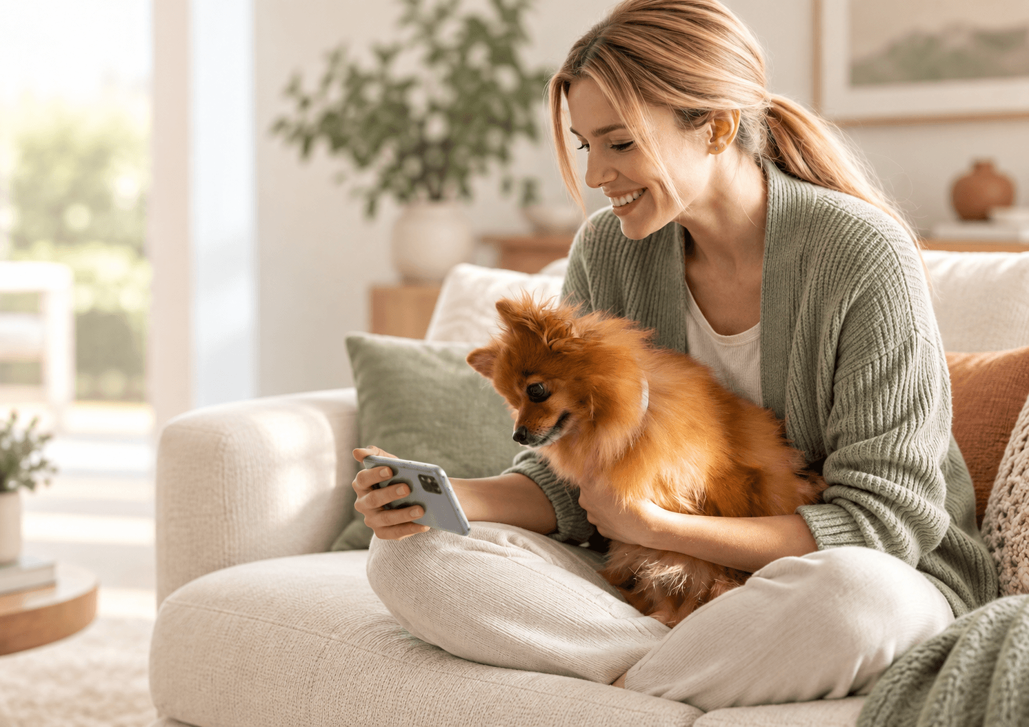 Una donna con il suo cane in casa